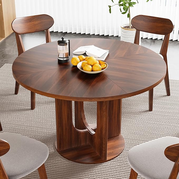 weselon Farmhouse Round Fluted Dining Table for 4, 47 Inch Circle Kitchen Table with Wooden Pedestal Base, Dinner Tables for Home Living Room Kitchen (Walnut)