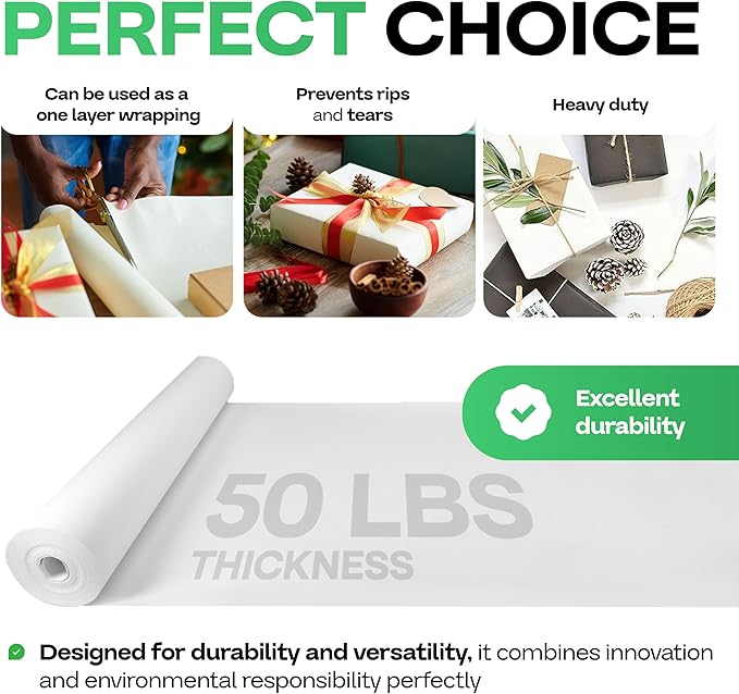 White Kraft Paper Roll 24" x 2160" (180 feet) - USA-Made Quality White Paper 50lb Thickness for Packing, Moving, Shipping & Crafts/Arts - 100% Recyclable Natural Wrap Material by IDL Packaging