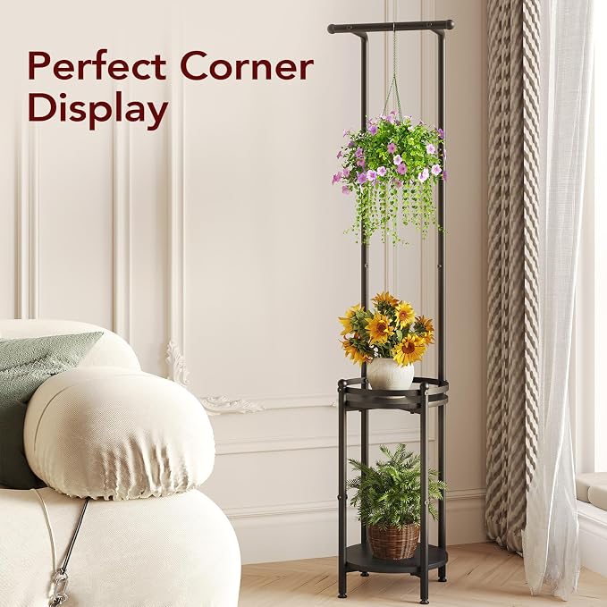 Homsorout Plant Stand Indoor Outdoor - Heavy Duty Metal 2-tier Hanging Plant Holder Space-Saving Iron Plant Stands Tall Plant Shelf for Living Room Garden Balcony（Black）