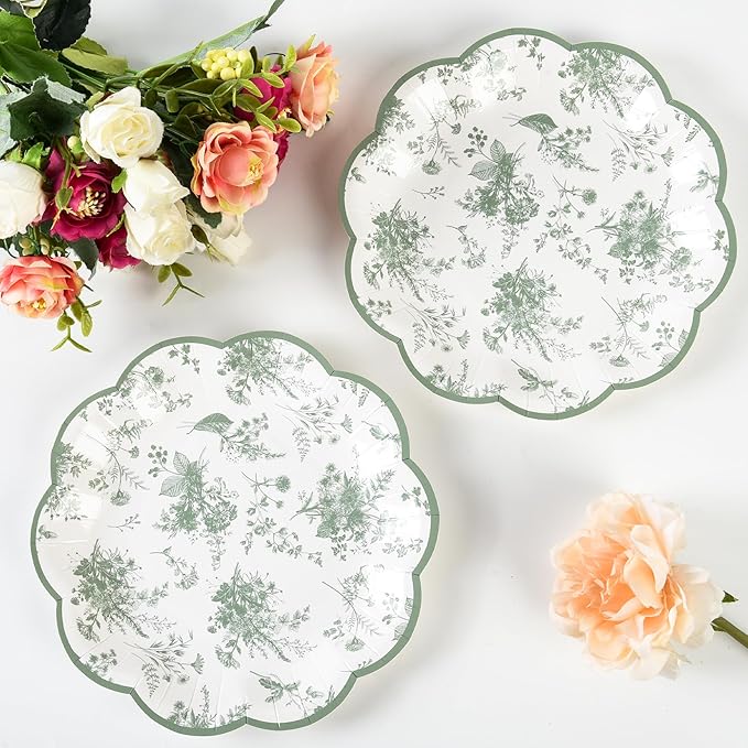 Sage Green Floral Leaf Disposable Paper Plates - Wildflower Green Toile 7" Scalloped Rim Dessert Plates for Christmas, Birthday, Bridal & Tea Parties (48)