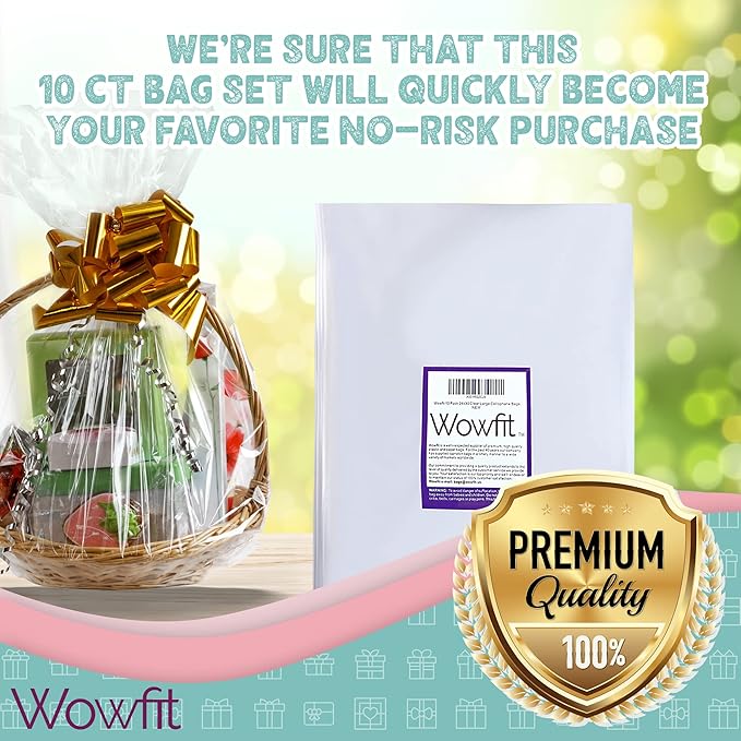 Wowfit Cello Bags,10 CT 24x30 inches Clear Cellophane Bags Perfect for Gift Baskets, Presents, Weddings, Bridal/Baby Showers and More (Flat, No Gusset, Ribbon Not included)