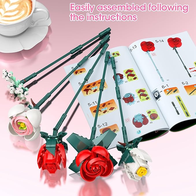 Roses Building Set with Vase, Flower Bouquet Building Kit for Home Office Decor - Flower Botanical Collection Toys Gift for Kids Girls and Adults Women on Valentine’s Day, Mother's Day - 841PCS