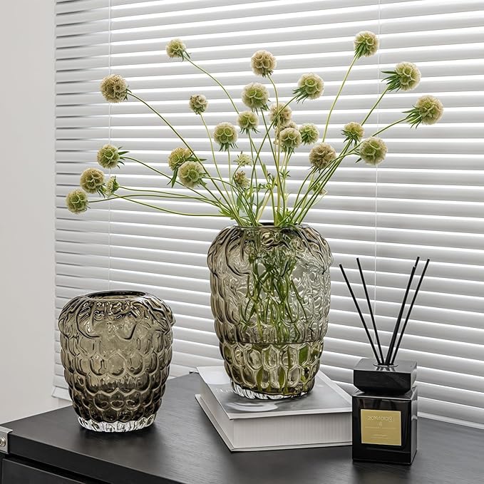Grape Bubble Glass Vase for Flowers, Round Vintage and Clear Black Colored Smoke Glass Vases for Modern Home Decor (Crystal Grey 6" W X 6.7" H)
