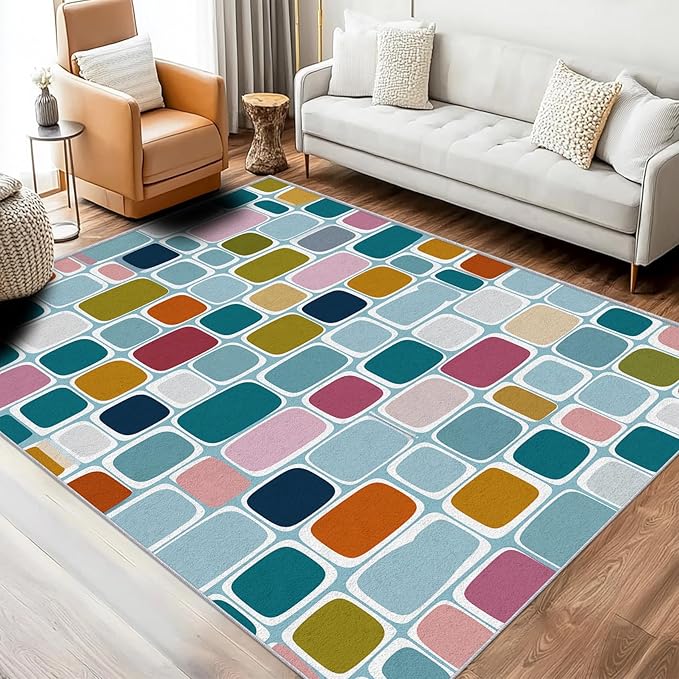 Mid Century Modern Rugs 5x7, Geometric Retro Washable 5 x 7 Area Rug for Living Room, Bedroom, Low Pile Non Slip Stain Resistant Carpet, Mid Century Home Decor Accessories & M909