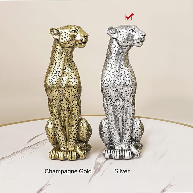 Cheetah Statue Home Decor Leopard Sculpture Resin Sitting Cheetah Figurine Desktop Table Top Ornament Decoration for Home Office Silver