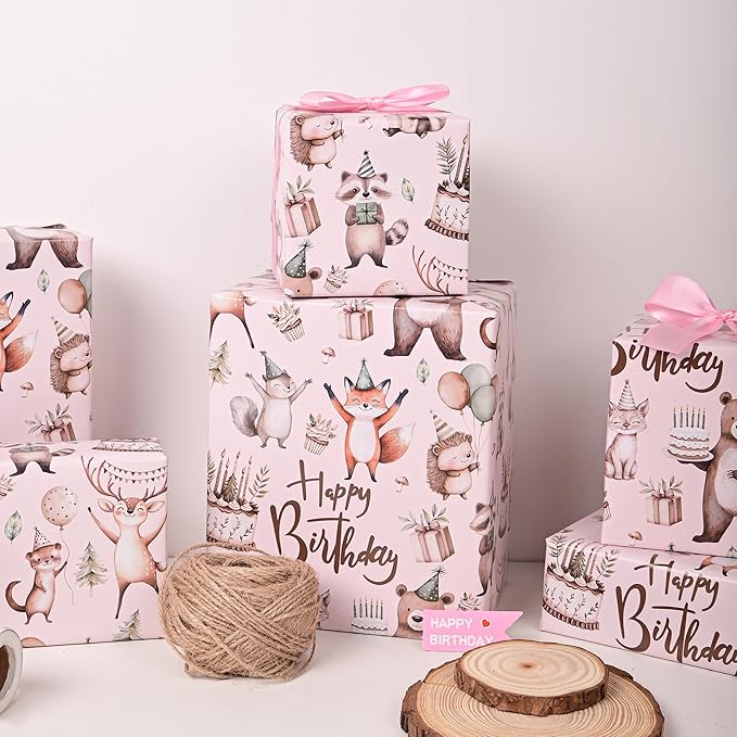 Altarho Birthday Wrapping Paper Roll - Birthday Safari Woodland Animals with Gift Box Cake Design Gift Wrap Sheets for Kids Boys Baby Shower Party Decoration Celebration Total 28.5sq.ft