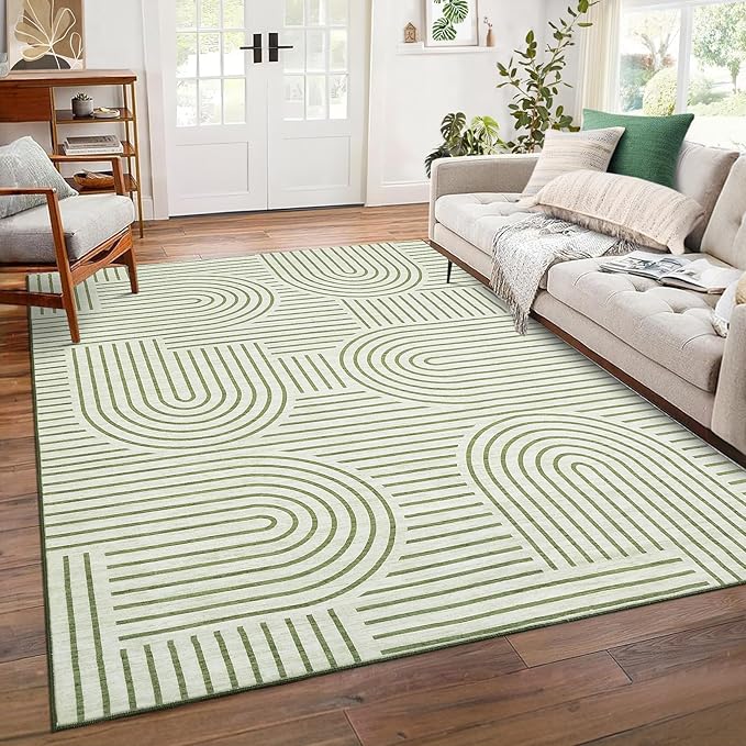 Washable 5x7 Abstract Line Area Rugs for Living Room Low Pile Modern Line Green Rug Soft Bedroom Small Rugs Non Shedding Contemporary Neutral Indoor Accent Carpet for Nursery Office, Green