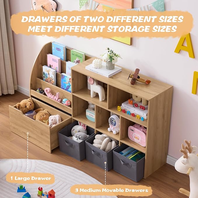 Kids Bookshelf and Toy Storage, Toy Storage Organizers with Movable Drawers & 3 Storage Bins, Kids Reading Nook Toy Organizers Shelf with 5 Cubbies, Natral Wood