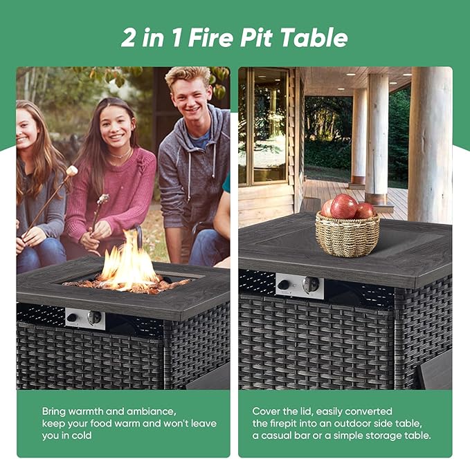 Belord 50000 BTU Propane Fire Pit Table with Lid and Lava Rock, 30 inch Outdoor Firepit Table Wicker Furniture, Square Fireplace Table Perfect for Relaxed Outside Patio Backyard Ambiance, Grey
