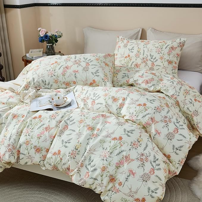 100% Cotton Duvet Cover Queen Size – Vintage Botanical Floral Duvet Cover Set with Zipper Closure, 3-Piece Soft Breathable Natural Premium Cotton Bedding Set for All Seasons