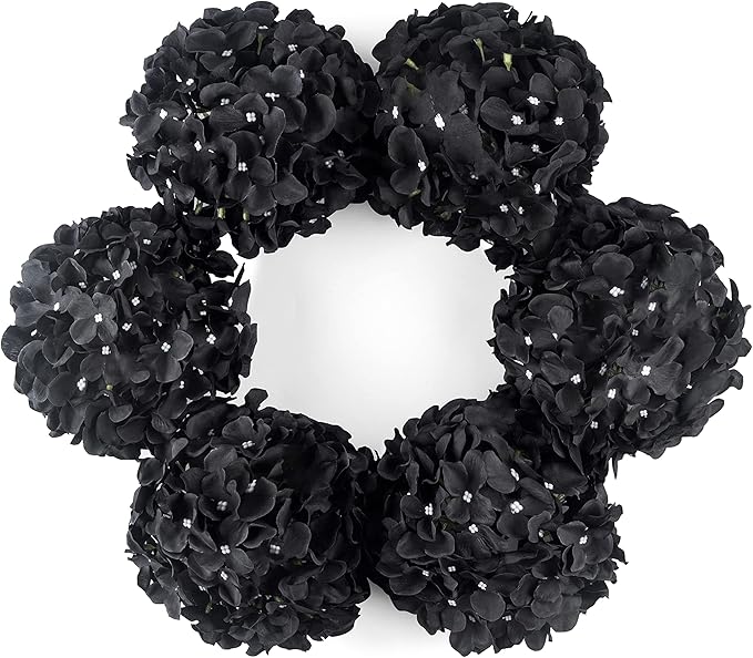 DuHouse 8.7" Artificial Hydrangea Silk Flower Heads with Stem Fake Black Hydrangeas Flowers for DIY Wedding Centerpiece Home Decor Pack of 6 (Black)