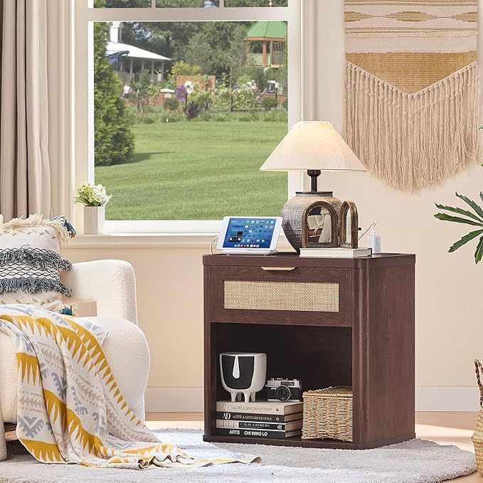 LEYAOYAO Rattan Nightstand with Charging Station, 23" Wide Boho Night Stand with Drawer, Walnut Bedside Table Open Storage Cabinet, Bed Side End Tables Dresser for Bedroom, Living Room, Hallway