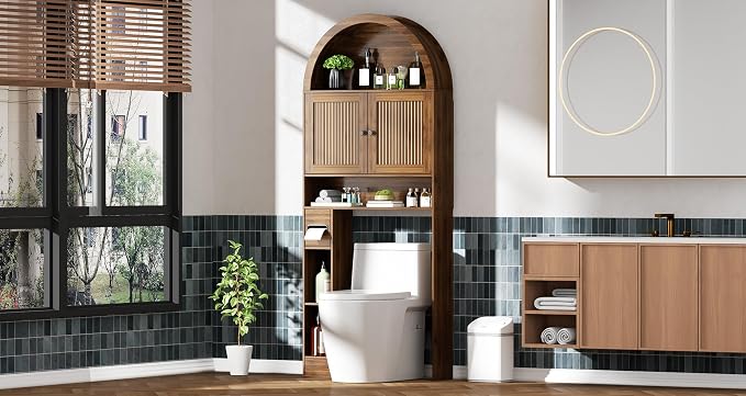 Arched Over The Toilet Storage Cabinet with Fluted Doors, Above Toilet Bathroom Organizer, 4 Tier Bathroom Cabinet Shelves with Toilet Paper Holder, Mid Century Modern Storage Rack, Tall, Wide, Walnut
