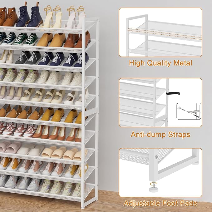 NEYCIL Large Shoe Rack 10 Tier Shoe Organizer, Heavy Duty Metal 5-Tier Stackable Shoe Storage Vertical Shoe Rack for Closet Front Door Entrance, Up to 62 Pairs, 44.8" W x 11.4" D x 71.2" H, White