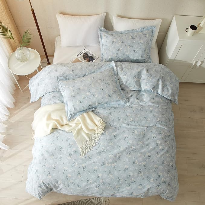 HighBuy Boho Floral Duvet Cover Full Cotton Aesthetic Blue Floral Full Comforter Cover Set Lightweight Soft Garden Style Bedding Set Full Duvet Cover Set Zipper Closure Breathable Full
