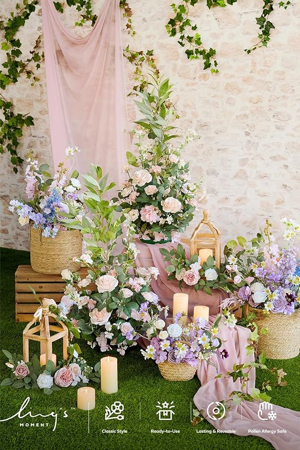 Ling's moment 41" Tall Ground Flowers for Wedding Decor, 2pcs Free Standing Artificial Flowers Arrangements, Aisle Chair Backdrop Decoration for Garden Arch Entryway Ceremony Reception, Blush & Cream
