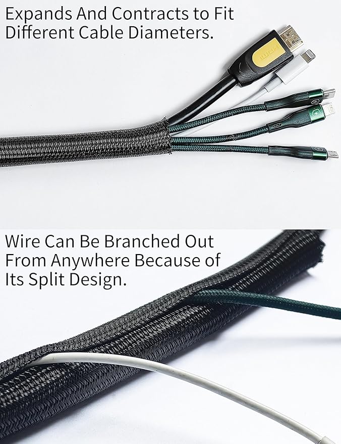 Cable Management Split Wire Loom Sleeve - Cord Hider & Protector for Desk, Pet Chew Proof, Wire Cover Organizer, Flexible Tube for Wires and Cables (1 Inch 12FT, Black)