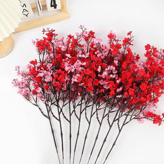 8Pcs Babys Breath Fake Artificial Flowers, Real Touch Red Pink Mix and Match Plants Silk Flowers for Vase Home Office Wedding Mother's Day Indoor Outdoor Centerpiece Table Party Decoration