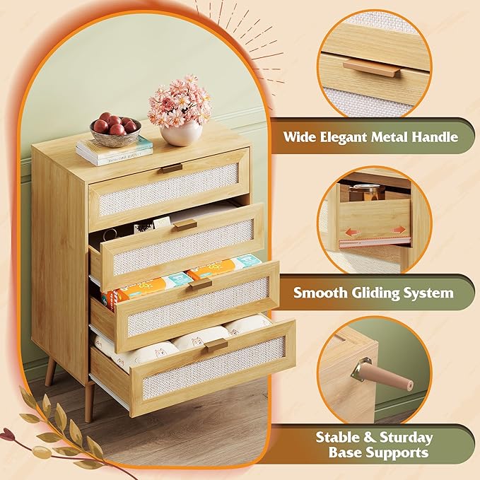 WLIVE Rattan Dresser for Bedroom, 4 Drawer Wooden Boho Dresser Storage with Gold Metal Handle, Chest of Drawers for Living Room, Closet, Hallway, Light Oak