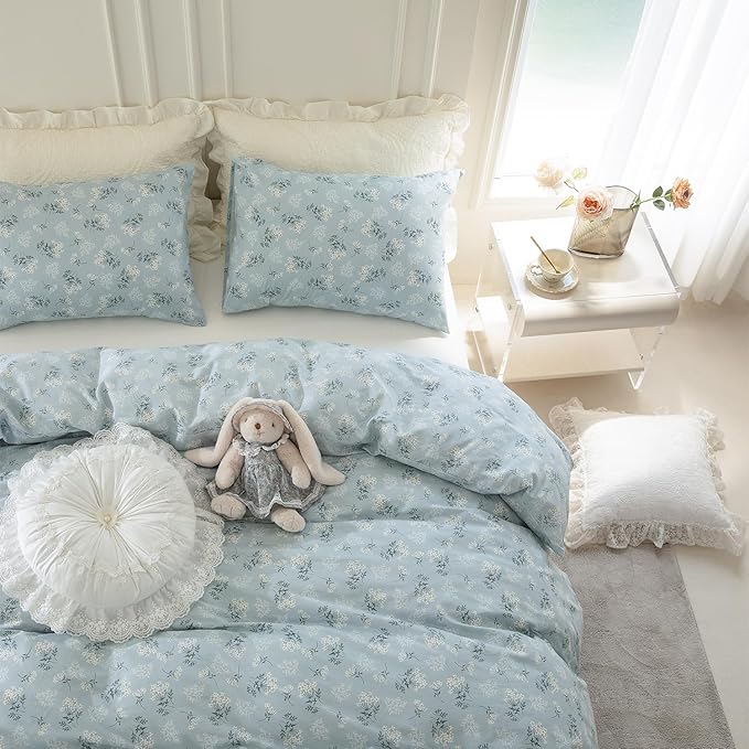 Queen Floral Comforter Set 3 Pieces Soft Bedding Comforter Set Garden Style Blue Floral Botanical Flower Comforter Set for All Seasons 1 Comforter and 2 Pillowcases