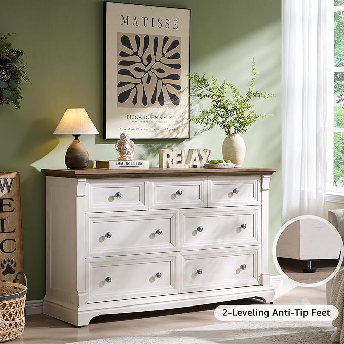 T4TREAM Farmhouse 7 Drawers Dresser for Bedroom, 54" Wide Wood Rustic Chest of Drawers w/Roman Column, Wooden Storage Dressers Organizer for Bedroom, Living Room, Closet, Antique White