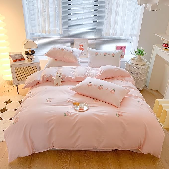 MorroMorn Cotton Duvet Cover Queen Size, 3D Embroidery Queen Bedding Sets Pink Bed Set, Cute Chenille Embroidered Comforter Covers Soft Breathable for Girls Boys Kids Teen (Flowers Pink, Full/Queen)