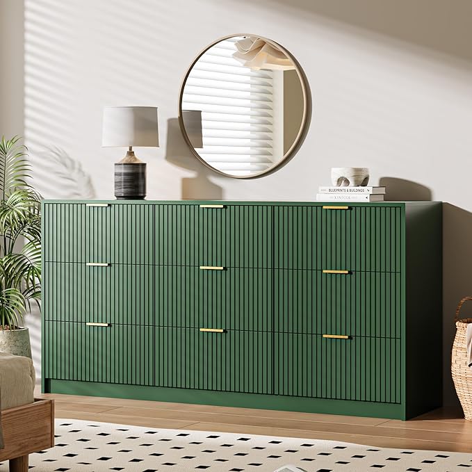 3-Piece Dresser Bedroom Set, 9 Drawer Dresser & 3 Drawer Nightstands with Gold Handles, Fluted Wood Chest of Drawers for Bedroom, Living Room, Entryway, Green