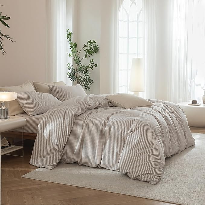 JIYUAN 100% Washed Cotton Striped Duvet Cover Set 3 Pieces Queen, 1 Duvet Cover and 2 Pillowcases(Comforter Not Included),Linen Like Bedding Set Comfy and Breathable,Pinstripes-Heathered Taupe White