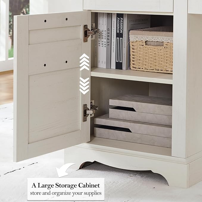 RedLemon 60" Farmhouse Executive Desk, Home Office Desk with Drawers, Charging Station, Keyboard Tray, File Drawer, Storage Cabinet, Wood Rustic Computer Writing Desk (Antique White)