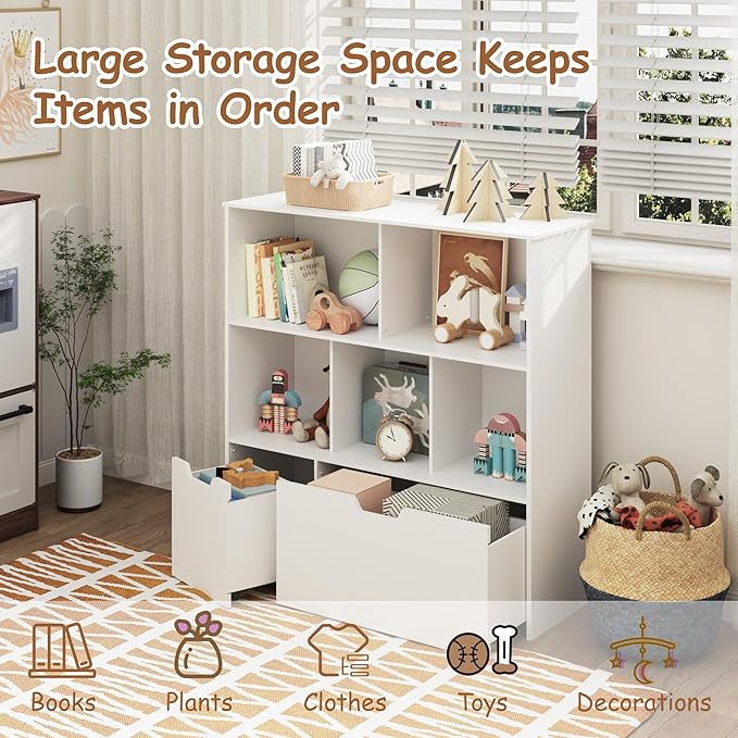 Toy Storage Organizer with 2 Movable Drawers, 3-Shelf Kids Bookcase Children's Toy Chest Cabinet for Playroom Bedroom Daycare Nursery School, 5 Cubes Montessori Bookshelf