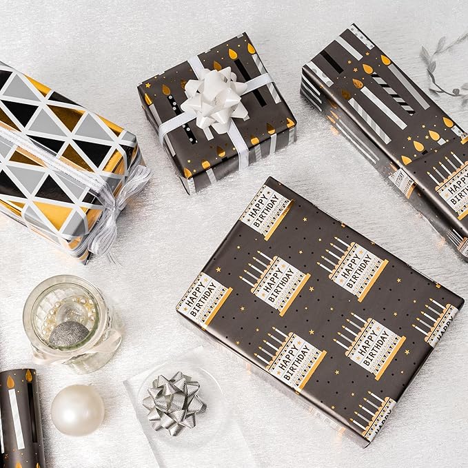 MAYPLUSS Birthday Wrapping Paper Roll 17 IN *120 IN Per Roll, Black and Gold Gift Wrapping Paper Mini Roll, 3 Rolls, Triangles Candle Geometry Pattern With Gold Foil for Birthday, Party All Occassions