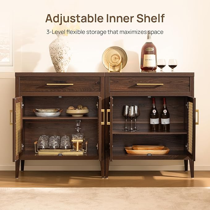 SICOTAS 30" Kitchen Sideboard Buffet Cabinet with Storage, Modern Coffee Bar Cabinet with Adjustable Shelves & Gold Mesh Doors, Storage Cabinet with Drawer for Living Room Entryway, Espresso Walnut