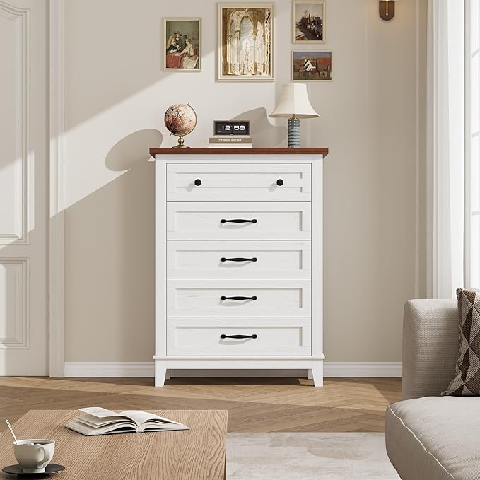 GarveeHome 5 Dresser for Bedroom, 41.3 in Tall Vertical Drawer Dresser with Large Storage, Freestanding Wooden Closet Chest for Bedroom, Living Room, White + Brown