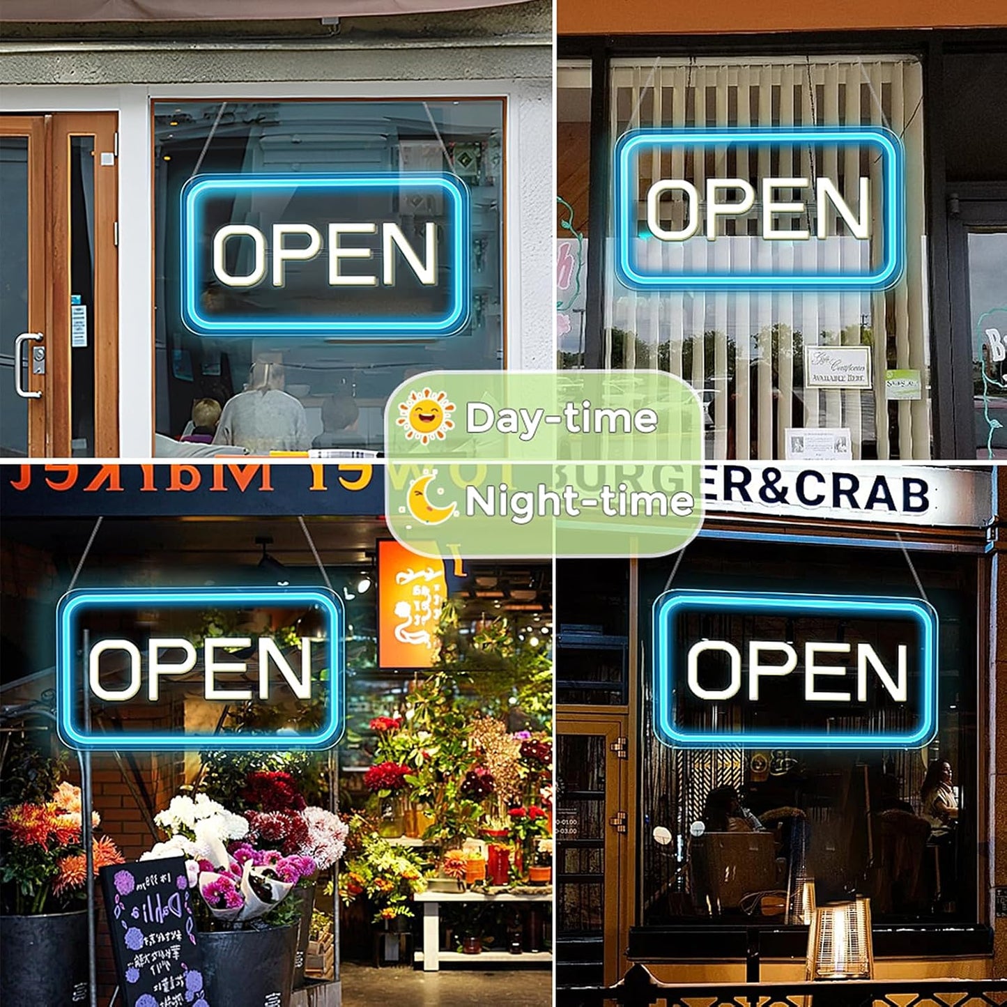 Skiennix Neon Open Sign - Bright 16"x9" COB LED Light with USB Plug & ON/OFF Switch | Ice Blue & White for Business, Shop, Hotel