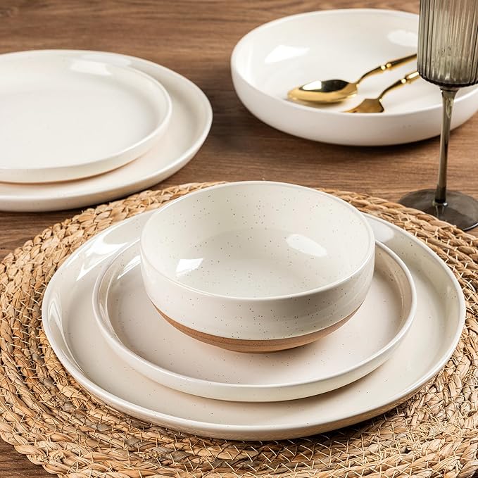 AmorArc Ceramic Dinnerware Sets with Pasta Bowls for 4, Handpainted Plates and Bowls Set with Rustic Terracotta Underside, Scratch Resistant Dishes Set, Dishwasher & Microwave Safe, 16 Pcs