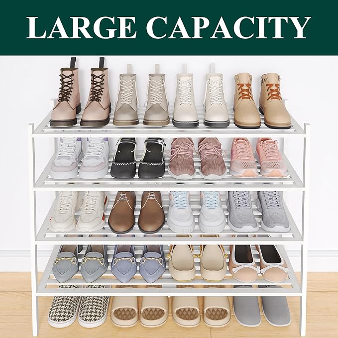 Smiry Long Bamboo Shoe Rack 4-Tier, Stackable Wooden Shoe Organizer for Entryway & Closet, Free Standing Wood Shoe Storage Shelf for Front Door & Small Spaces, White