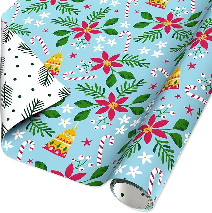 American Greetings Reversible Poinsettia Christmas Wrapping Paper Roll, Christmas Floral Holiday Gift Wrap (60 sq. ft., 1 Standard Roll Wrap-30 in. x 24 ft.) Papel de Regalo de Navidad