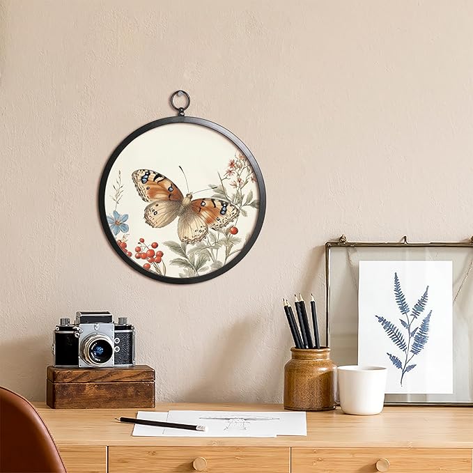 XIAOAIKA Vintage Wall Art with Metal Frame, Round Wood Print Featuring Butterfly and Berries, Boho Wall Decor for Living Room, Bedroom, Kitchen, Hallway, 10 Inch