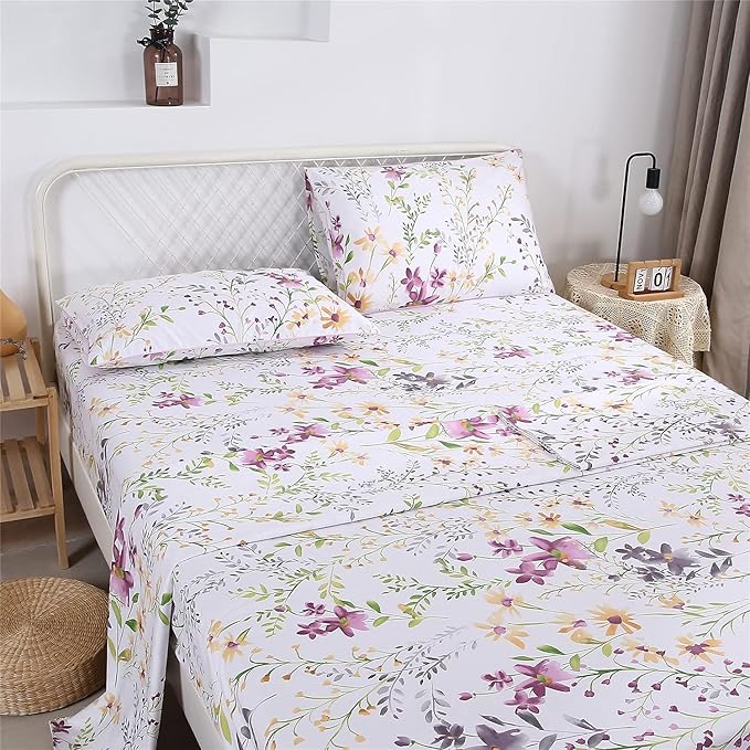 RYNGHIPY Cotton Floral Bed Sheet Set Full Size Botanical Flowers Print Bedding Shabby Garden Floral Bed Sheets