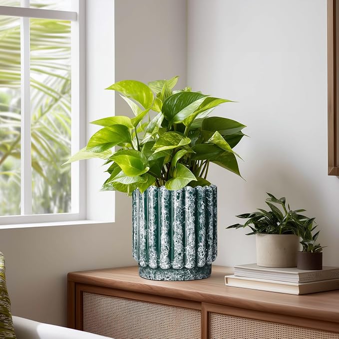 Ceramicfor Ceramic Flower Pots 7.6 Inch - Ceramic Planters for Indoor Outdoor Plants, Decorative Plant Pot with Drainage Hole, Round Fluted Planter, Home Room Decor, Housewarming Gifts, Green