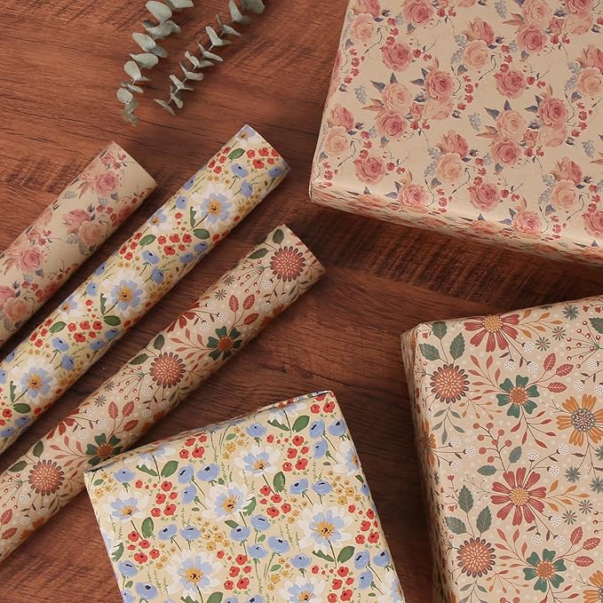 Aimyoo Kraft Floral Wrapping Paper Bundle, Vintage Spring Flowers Rose Gift Wrap Paper for Wedding Bridal Shower Birthday, 3 Rolls 17 in x 16 ft per Roll