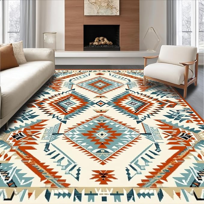 Flatwoven High Traffic Area Rug 6x9, Southwestern Geo Diamond Tribal Weave, Non Slip, Stain Resistant, Washable Area Rugs for Living Room, Bedroom (Beige, 6x9)