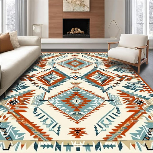 Flatwoven High Traffic Area Rug 4x6, Southwestern Geo Diamond Tribal Weave, Non Slip, Stain Resistant, Washable Area Rugs for Living Room, Bedroom (Beige, 4x6)