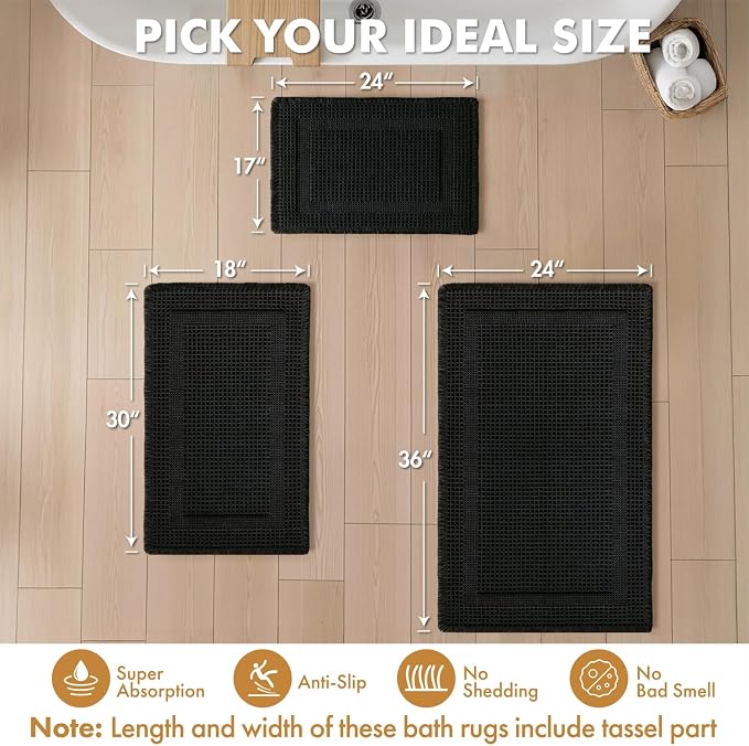 MIULEE Set of 2 Waffle Bathroom Rugs, Boho Bath Rug Super Absorbent, Non Slip Washable Ultra Soft Rubber Backed Shower Bath Mats for Floor, Tub, Shower, Looped Design, Black, 17"x24"+18"x30"