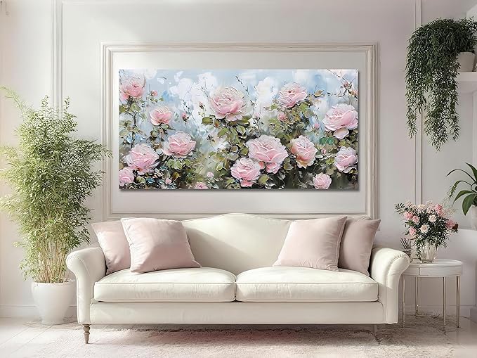 Ardemy Flower Wall Art Canvas Art Wall Decor, Floral Painting Textured Picture Living Room Pink Rose Artwork Large Framed for Bedroom Kitchen Dining Room Home Office Decor 40"x20"