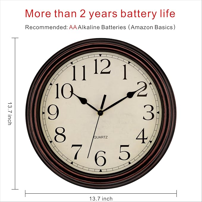 Foxtop 14 Inch Wall Clock Battery Operated Silent Non-Ticking Round Classic Vintage Retro Wall Clock Decorative for Living Room Kitchen Home Office (Bronze)