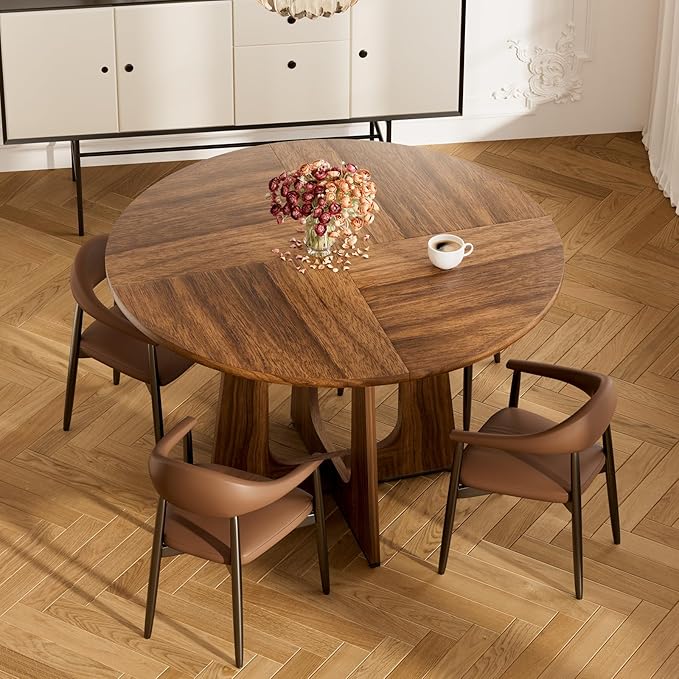 47" Round Dining Table for 4-6, Farmhouse Wood Kitchen Table, Mid-Century Wooden Circle Dinner Room Table Easy Assembly for Dining Room, Kitchen, Living Room (Brown)