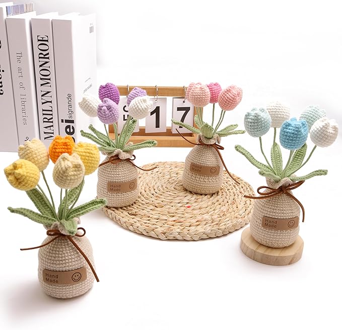Crochet Woven Tulips with Wool,Simulation Plant Crochet Hand-Woven Flowers for Home Room Table Office Ornaments and Birthday Gifts for Family Friends Anniversary（5 Flowers-Pink ）