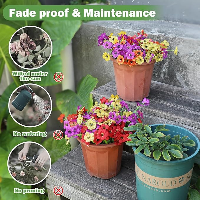 Nepfaivy Artificial Flowers for Outdoors Uv-Resistant - 24 Bundles 4 Colors No-Fade Faux Flowers for Outdoor Planters to Decor Patio Porch Garden Yard, Silk Realistic Faux Outside Flowers Bulk