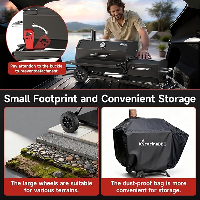 kscocinaBBQ Portable Charcoal Grill with Smoking Function, Foldable Suitcase Design with Wheels, Multi-Tier Storage Rack & Waterproof Cover for Outdoor BBQ Parties (Black)